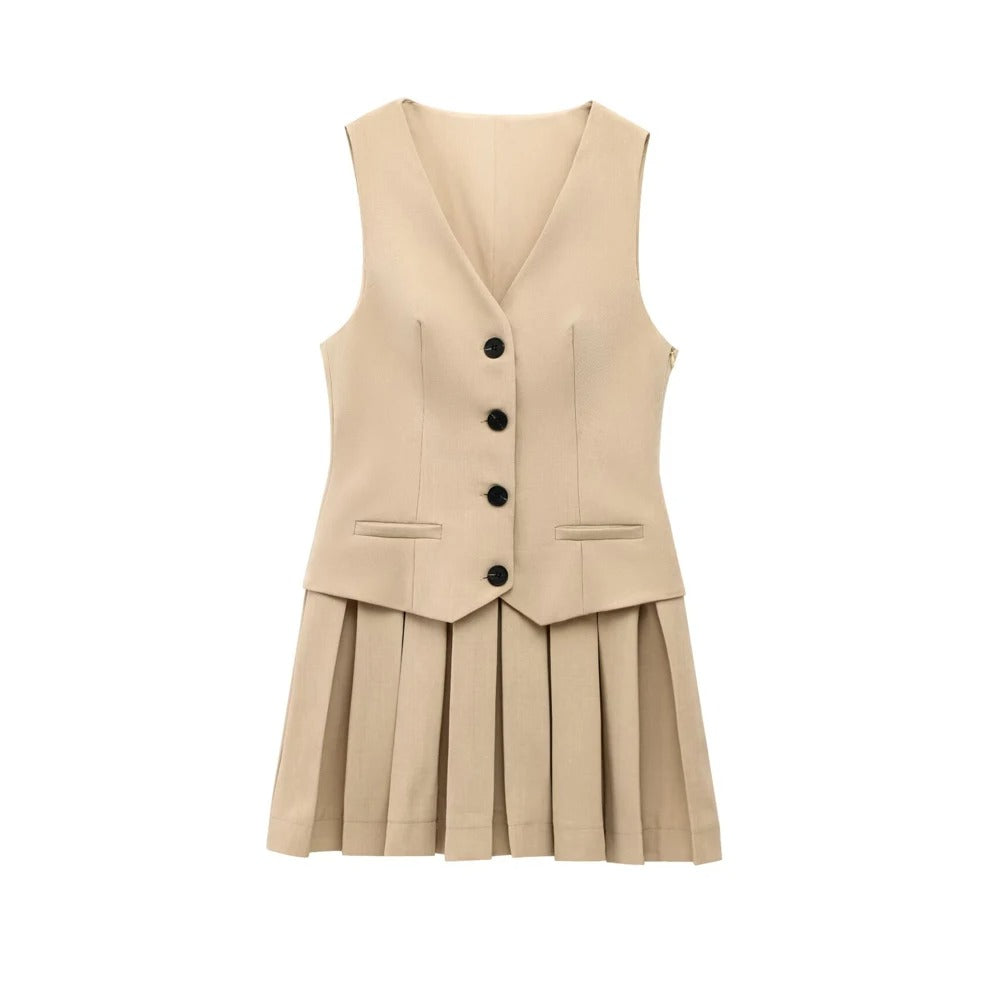 Amira | Sleeveless V-Neck Mini Dress with Front Button & Pleated Design