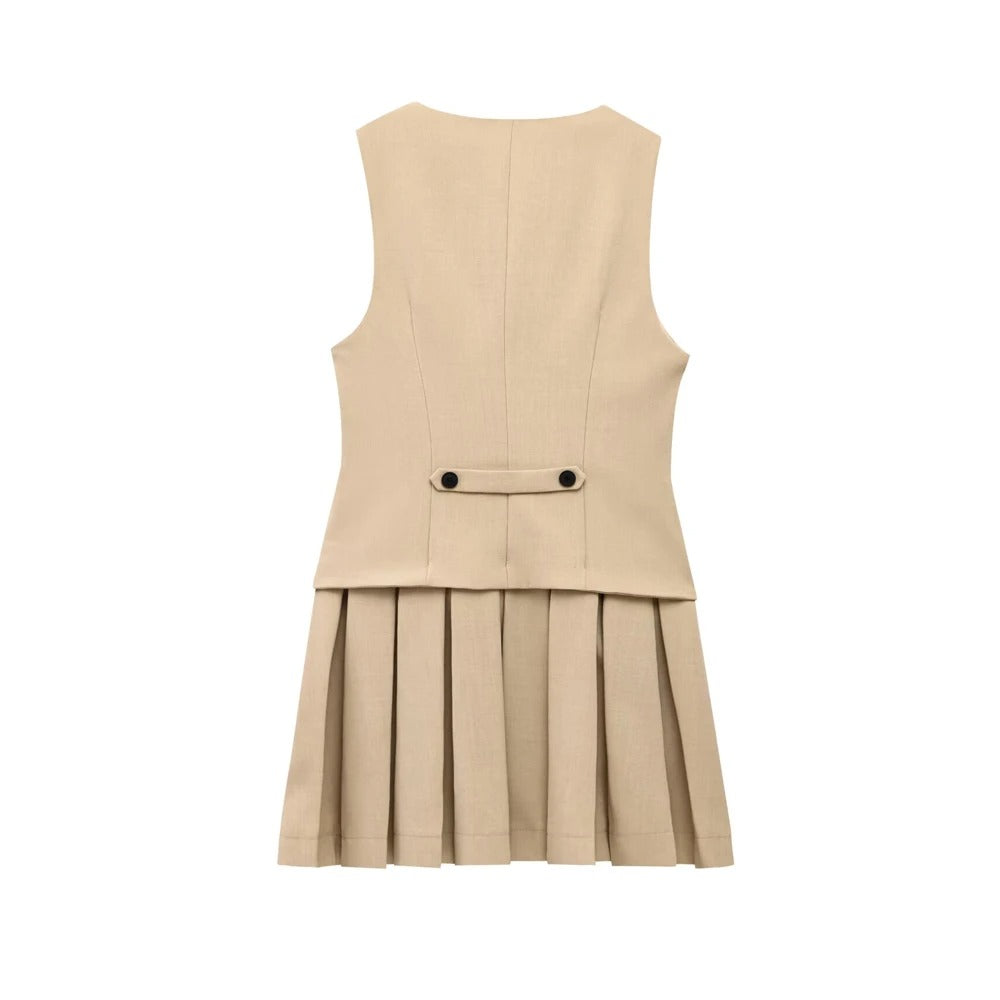 Amira | Sleeveless V-Neck Mini Dress with Front Button & Pleated Design
